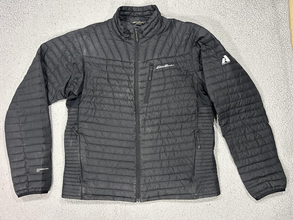 Eddie Bauer Jacket Mens Large Black Down Puffer Stormdown 800 Hiking Outdoor